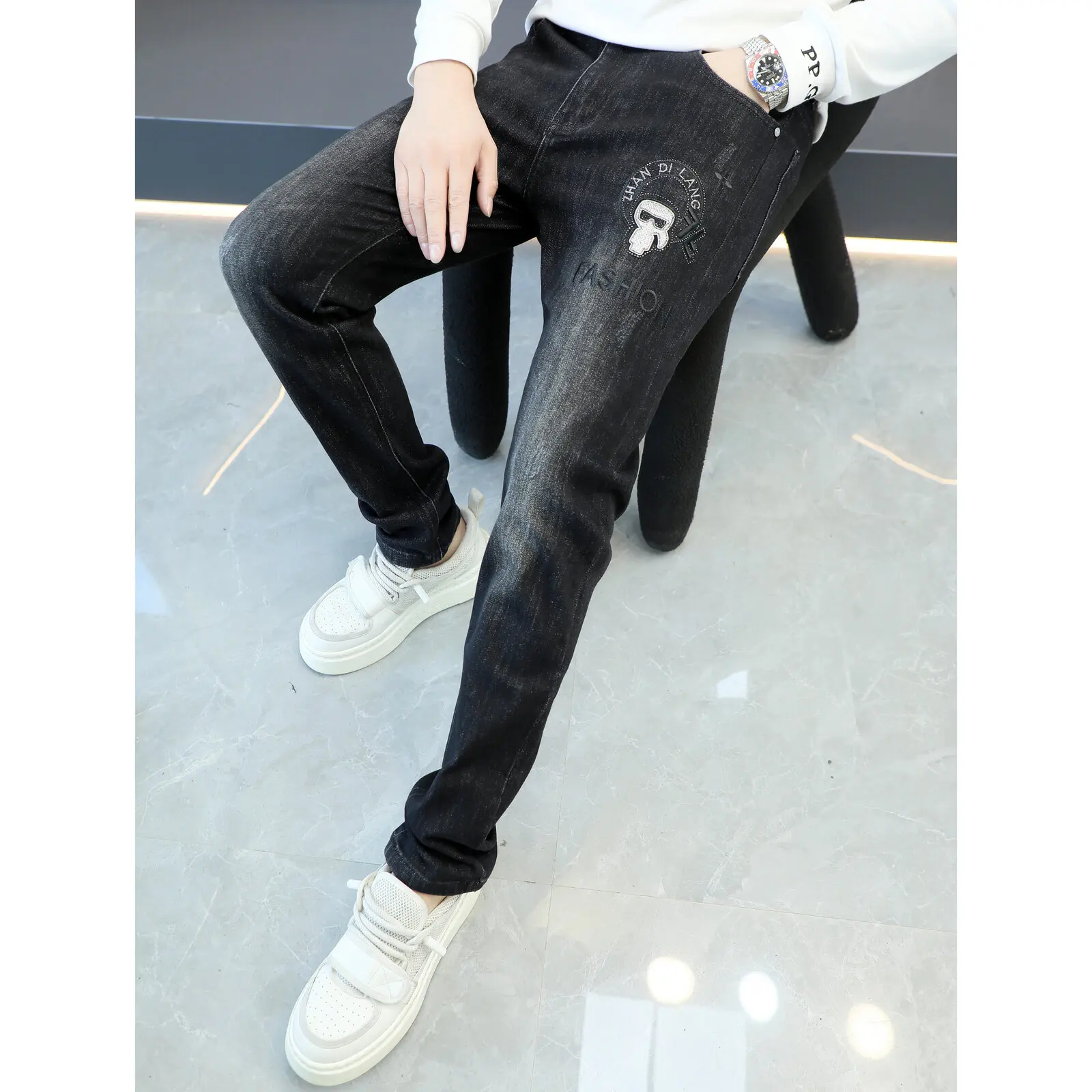 

Мужские джинсовые джинсы Ele Slim Fit со средней талией и вышивкой, прямые брюки с завышенной талией, высококачественная эластичная новинка осени и зимы...