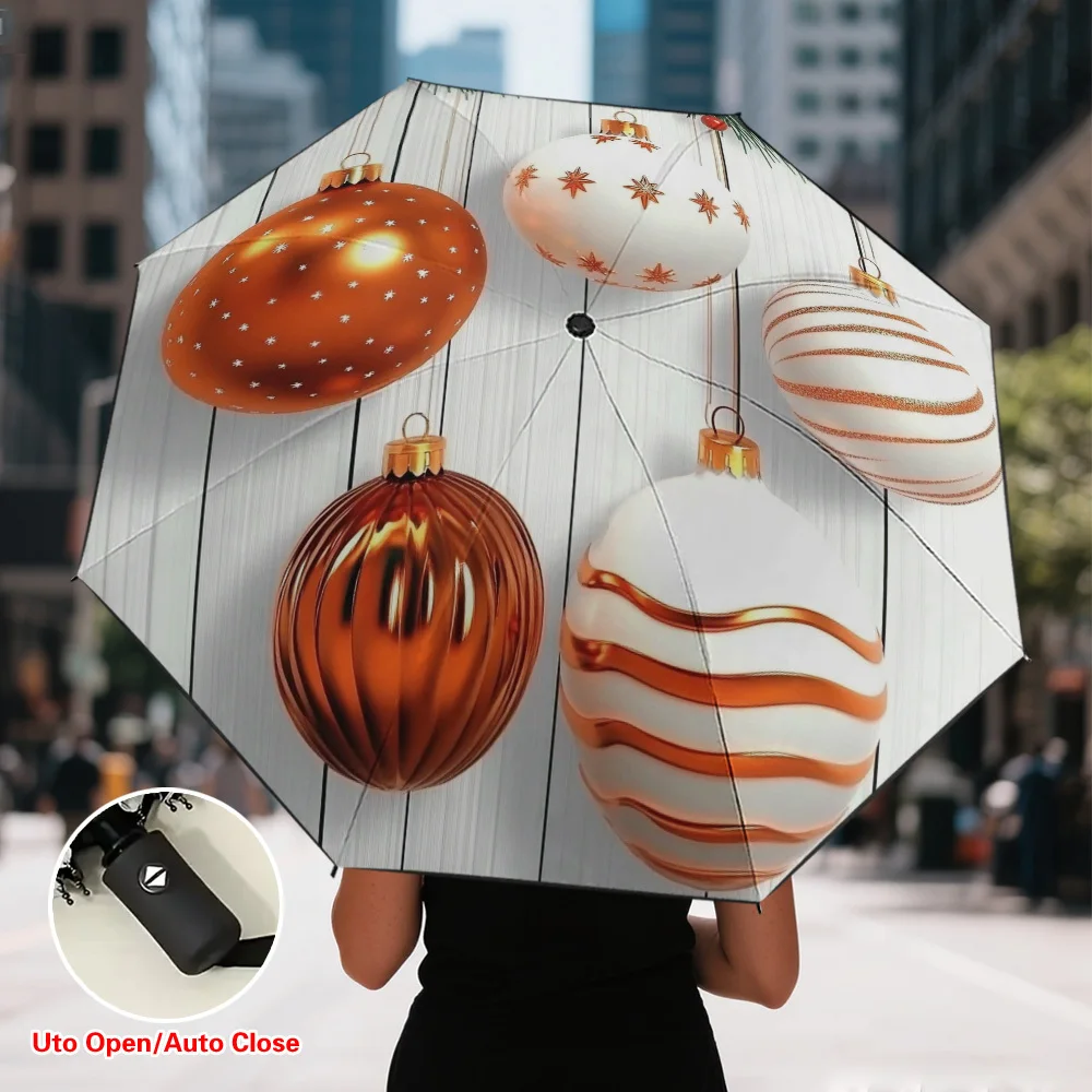 

1pc Women's Automatic Open/Close Christmas Bauble Umbrella - White Red Green Multicolor Folding Parasol with 8-Rib Sturdy Fram