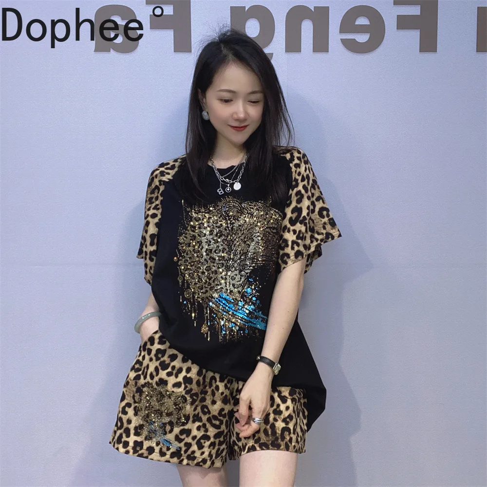 

2025 New Summer Women Two-piece Set Large Size Hot Drilling Leopard Short Sleeve T-shirt Top + Elastic Waist Casual Sport Shorts