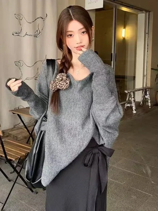الكورية Sle Batwing Sve محبوك سترة الخريف الشتاء فضفاضة تناسب غير المتكافئة الغلاف الجوي الشعور بلوزة عصرية غير رسمية #4