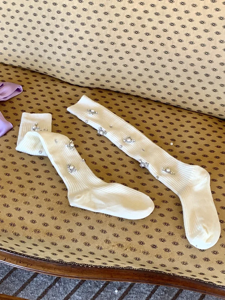 Luxury Thick Wool Stockings Women Medium Tube Socks Heavy Industry Knee Socks Rhinestone Pearl Autumn and Winter Stockings