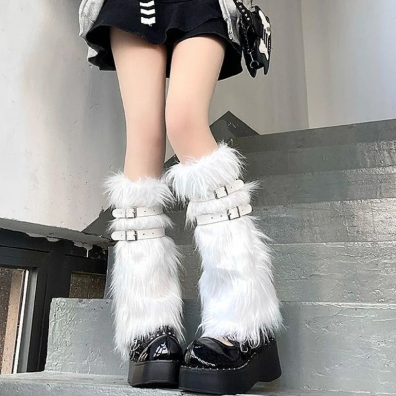 Furry Leg Warmers Women Sweet Lolita Leather-Buckle Plush Leg Covers Y2k Hottie Subculture JK Long Socks Punk Gothic Foot Covers image 2