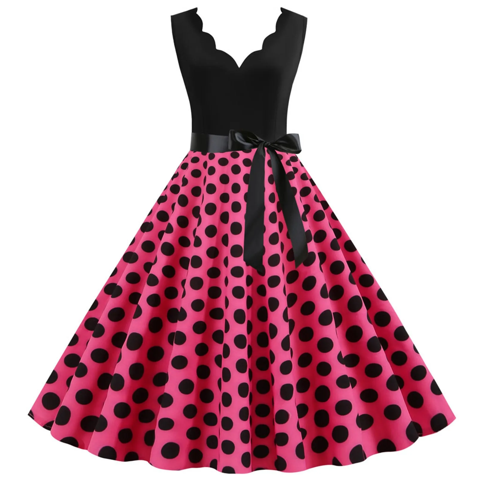 Polka Dot Print Women Summer Dress Black Patchwork Sleeveless V neck Elegant Vintage Party Casual Midi Dress Vestidos 2024