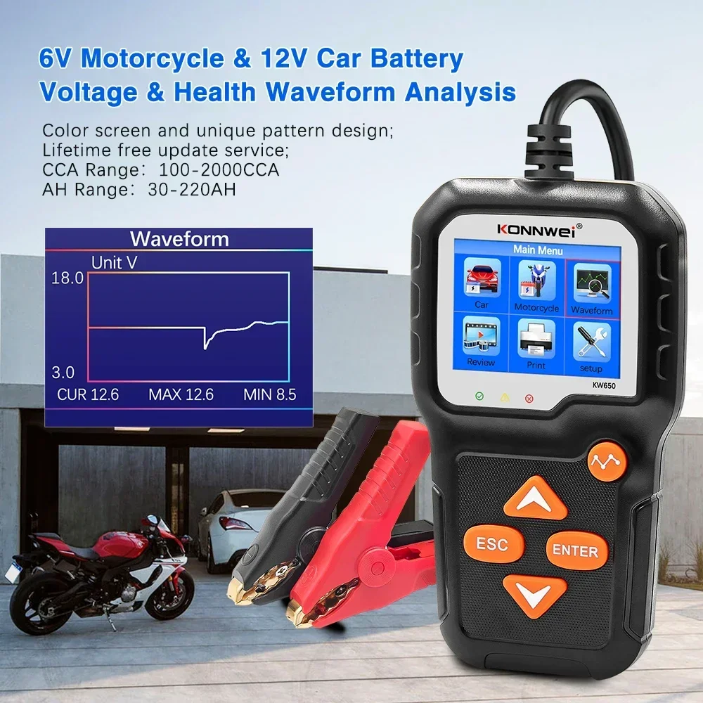 

KONNWEI KW650 6V 12V Car Motorcycle Battery Tester 100-2000CCA Battery Analyzer Cranking Charging Test Diagnostic Tool