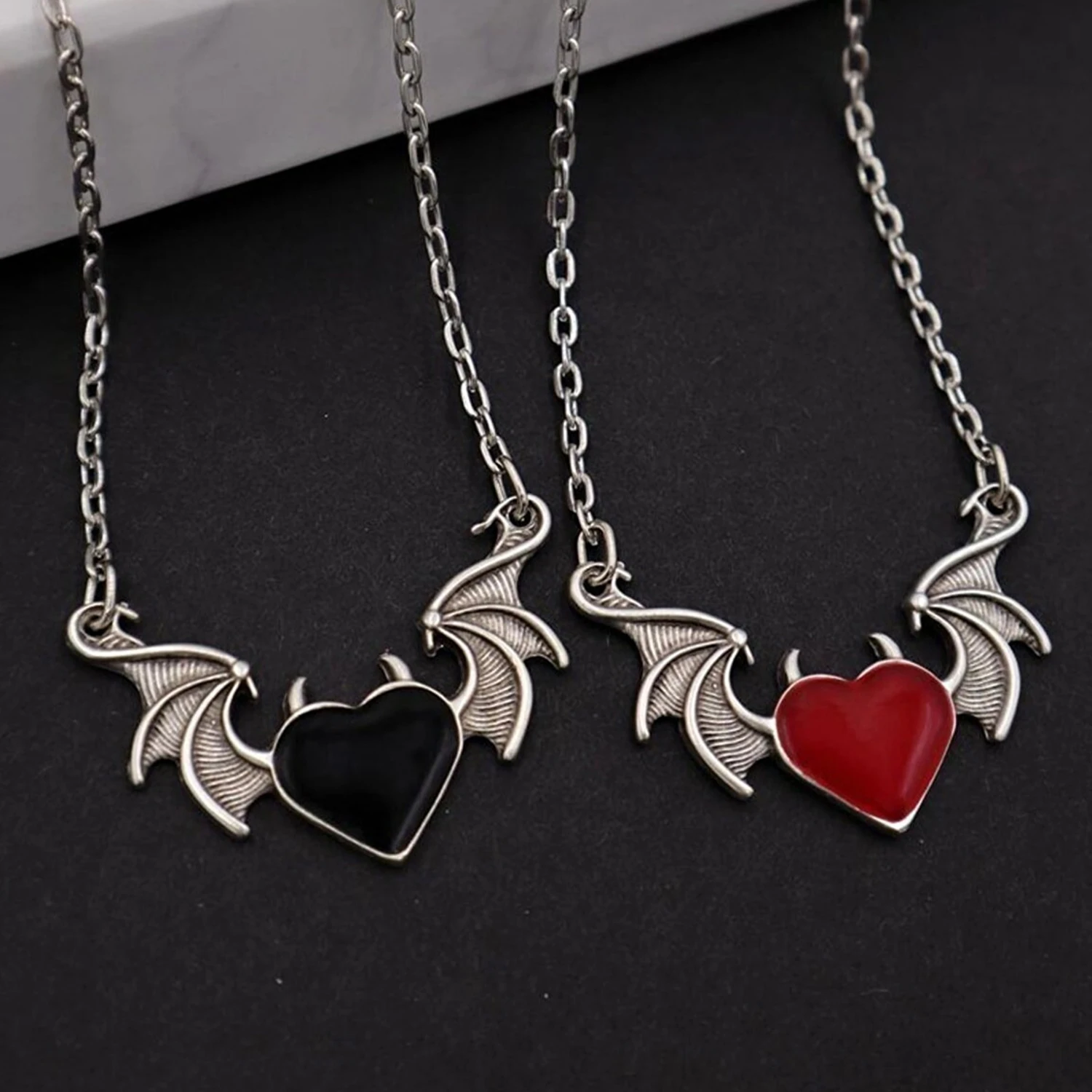 Demon Horn Black Punk Vintage Pendant Gothic Retro Punk Hip Hop Metal Pendant Demon Wings Necklace Heart Drop Oil Necklace