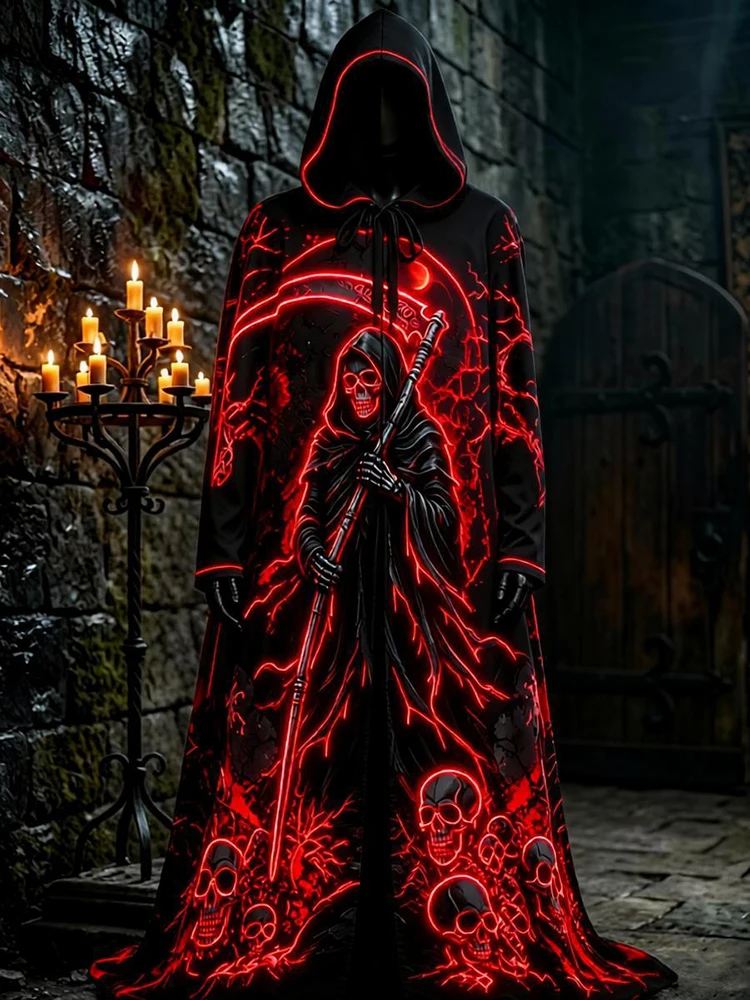Streetwear Vintage Print Pattern Hooded Cloak Mens 2026 Autumn Warm Loose Outerwear Male Daily Outdoor Contrast Color Party Robe