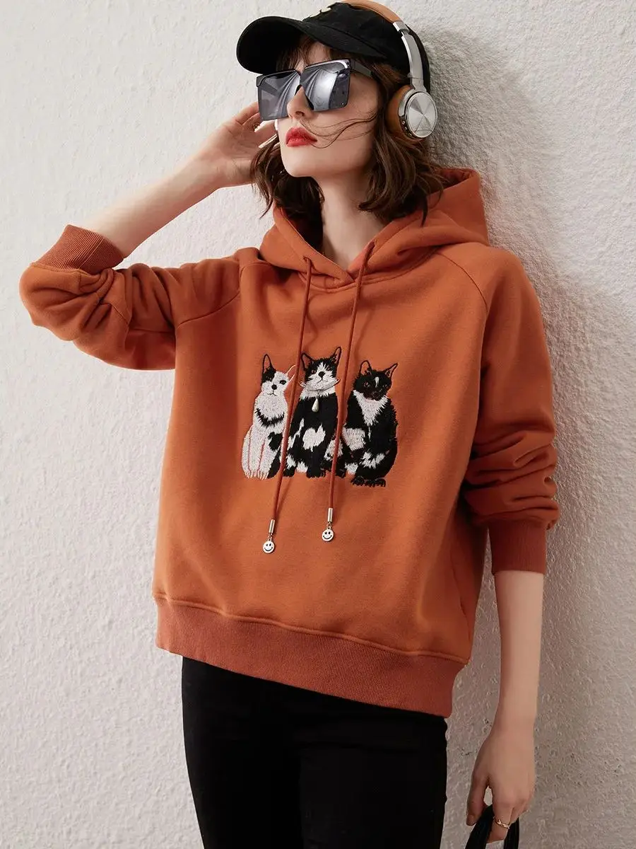 LOUIS YAO Women Hoodies 2023 Winter Plush Long Sleeve Loose Cute Cat Embroidery Drawstring  Hooded Pullover Top Women Tops