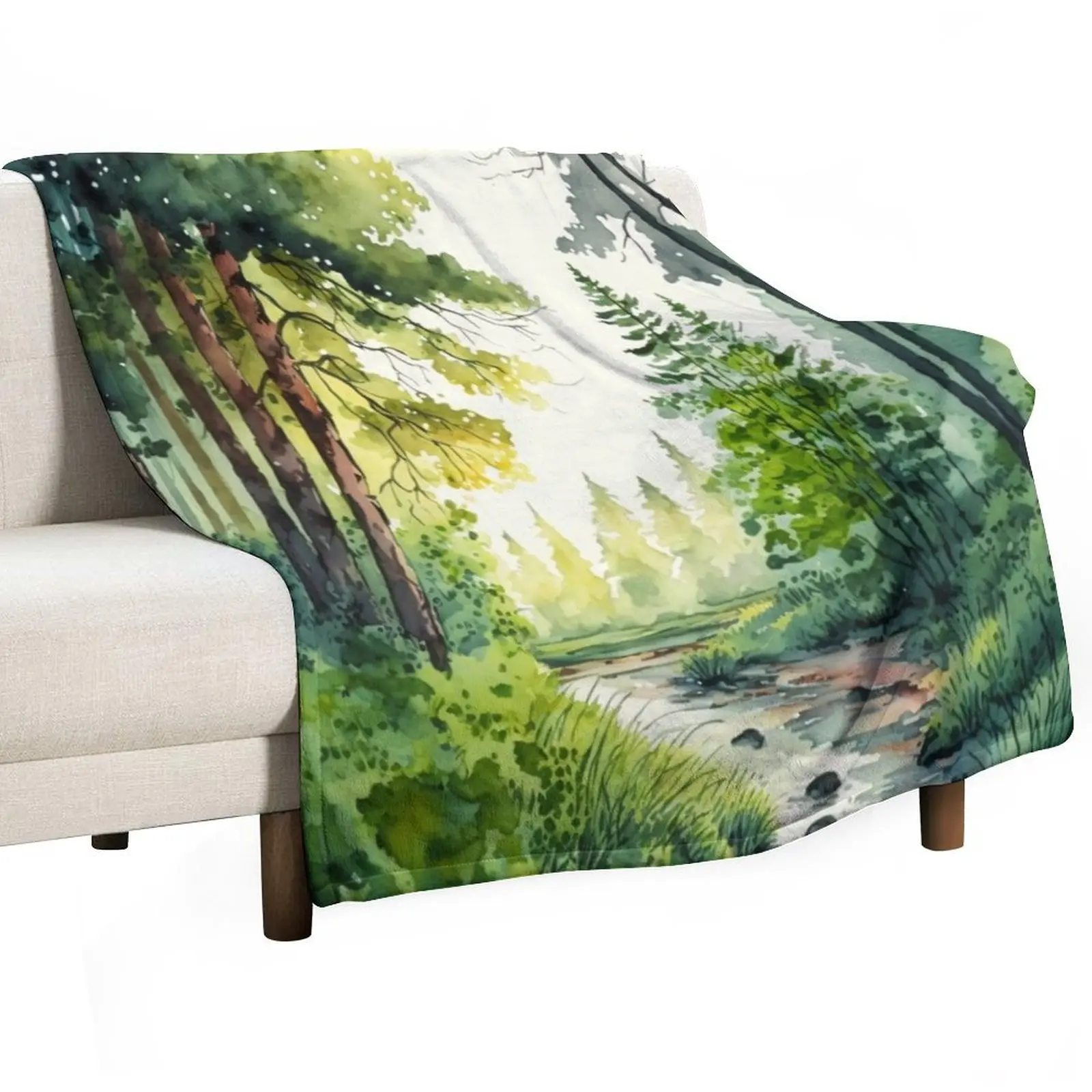 

Spring Forest Stream Watercolor Landscape Throw Blanket Thins Decoratives Blankets