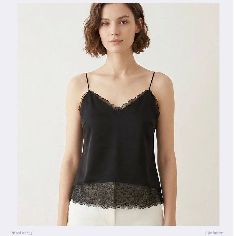 MadBlack-Lining Silk Sexy Sling, With Padded Cups, Women French Traceless Lace Comfortable Thin Camisole, 2026 Summer T64849CC