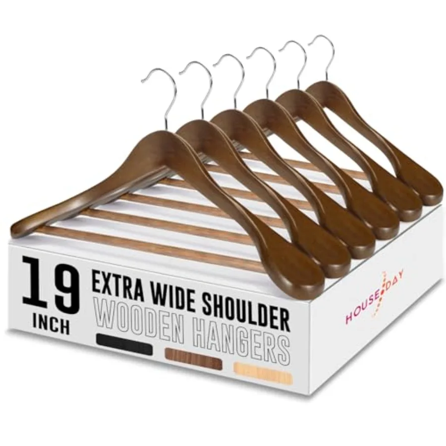 

Деревянные вешалки для одежды 19 дюймов, особо широкие, 6 штук, премиум-класса, большие, для костюмов, с нескользящим держателем для брюк, широкие плечики
