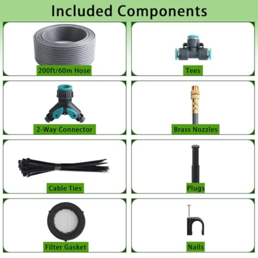 200FT 1/4 Quick-Connect Drip Irrigation System Kit for Garden Greenhouse Yard Lawn: UV-Resistant Polyethylene Tubing, Black, In