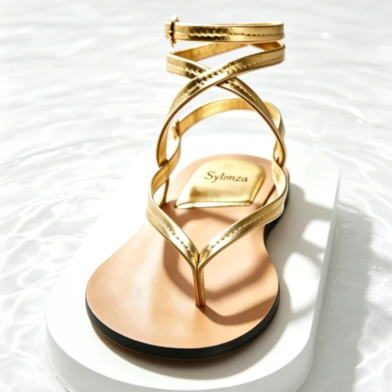 Luxury Gold Ankle Strap Buckle Flat Sandals Women Summer Designer Flip Flops Sandals Comfortable Light Non-slip Beach Shoes