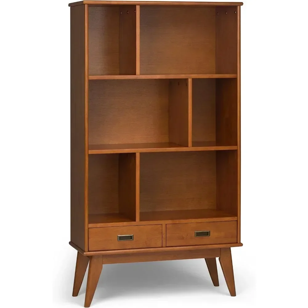 

Draper SOLID HARDWOOD 35 Inch Mid Century Modern Wide Bookcase and Storage Unit in Teak Brown, For the Living Room