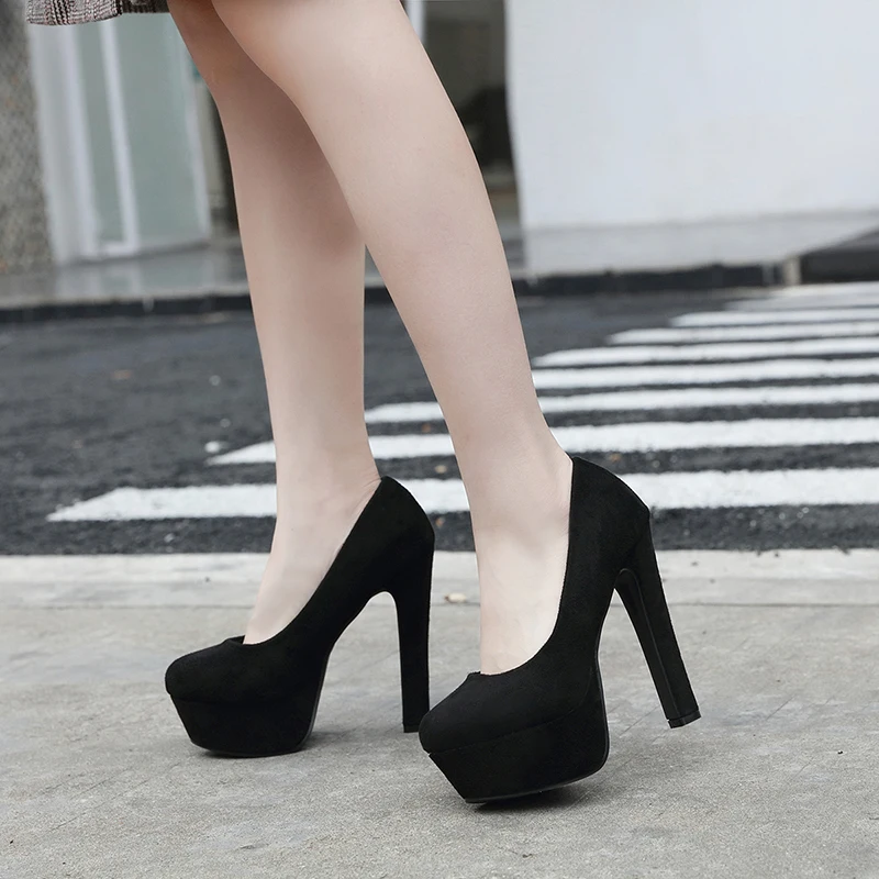 

Round Toe Suede Platform 15CM High Heels Women's Pumps Solid Model Catwalk Shoes Slip On Ladies Shoes Party Elegant Dress Shoes