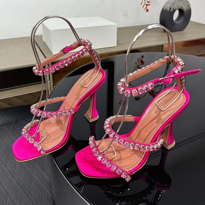 Runway Cup High-Heeled Silk Satin Sandals Women Shiny Rhinestone Decor Ankle Strap Gladiator Sandalias Summer Party Dress Shoes view 2