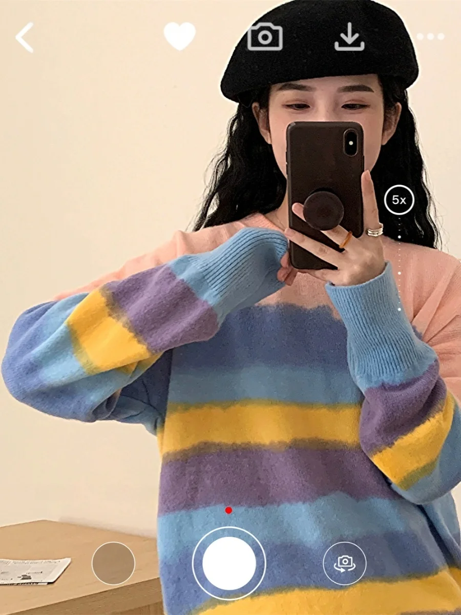 

Окрашенный вручную adient в радужную полоску круглый Ne Мягкий свободный вязаный свитер Sweet Sle Повседневная удобная дышащая осенняя одежда