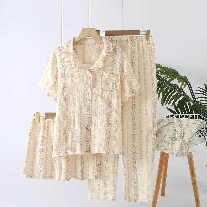 Vêtements de nuit pour femmes, ensemble trois pièces en pur coton, tissu fin, manches courtes, pantalons longs, Shorts, vêtements de maison, printemps et été