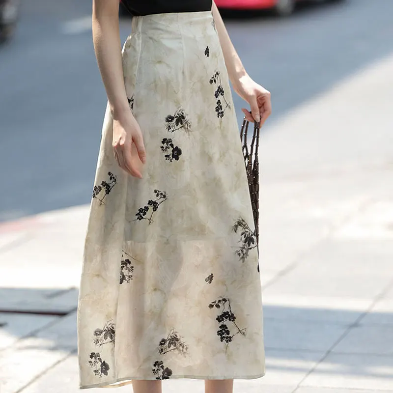 

Chinese Style Ink Painting Midi Skirts Spring Summer Vintage Printed Women's Clothing Commute High Waist Fashion Split Skirts