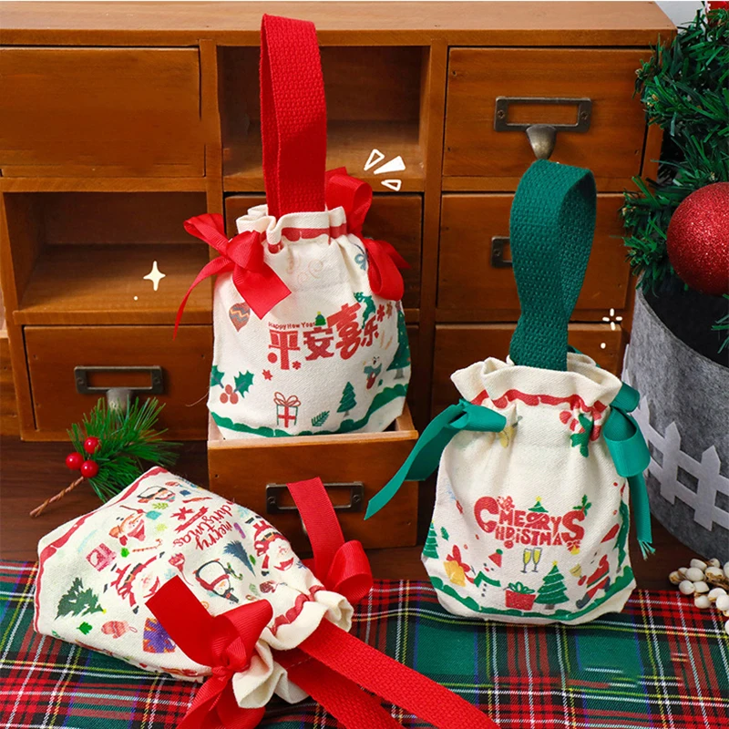 Creative Christmas Bags Cute Cartoon Santa Christmas Trees Canvas Gift Drawstring Bag Fashion Reusable Candy Package Bag