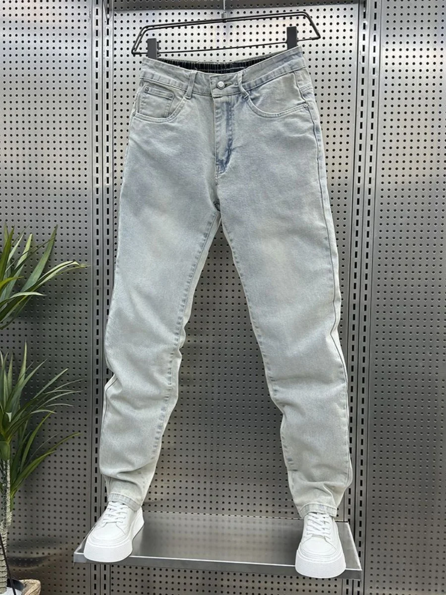 Light Wa Men's Summer Thin Straight Leg Jeans Casual Loose Fit Nine-Tenths Elastic Waed Harlan Slimming Pants