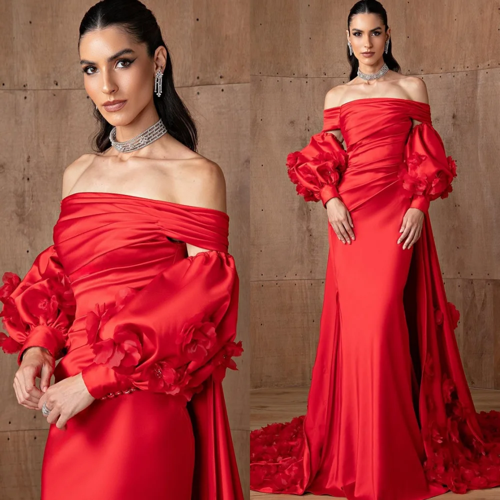 

Customized Temperament Satin Evening Dresses Luxury Off the Shoulder Homecoming Dresses Modern Flowers Special Occasion Gowns