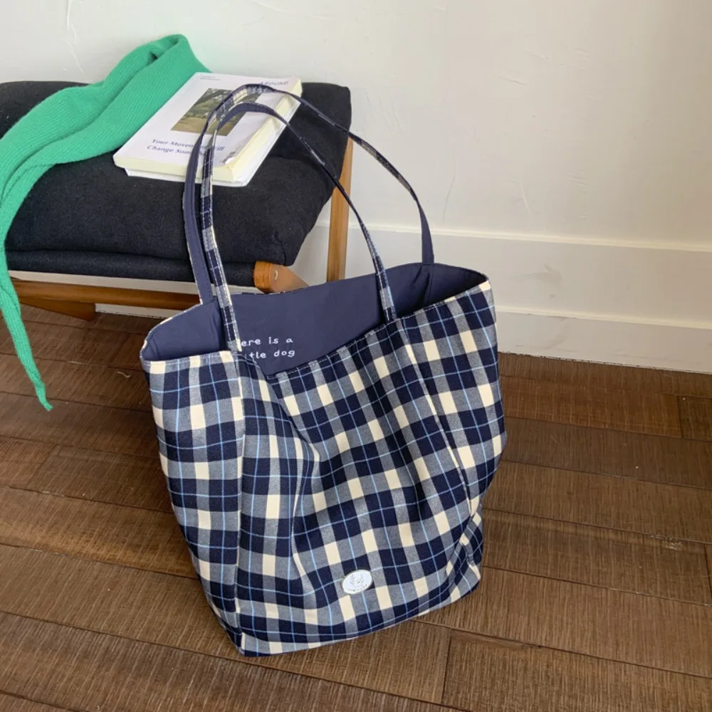 

Vintage Japanese Style Plaid Canvas Tote Bag Leisure Versatile Double Sided Shoulder Bag Commuting Cloth Lattice Handbag Women