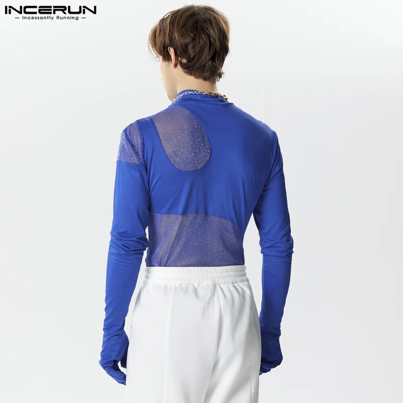 2024 Men Bodysuits Mesh Patchwork Sexy Transparent Streetwear Male Rompers Turtleneck Long Sleeve Fashion Bodysuit S-3XL INCERUN