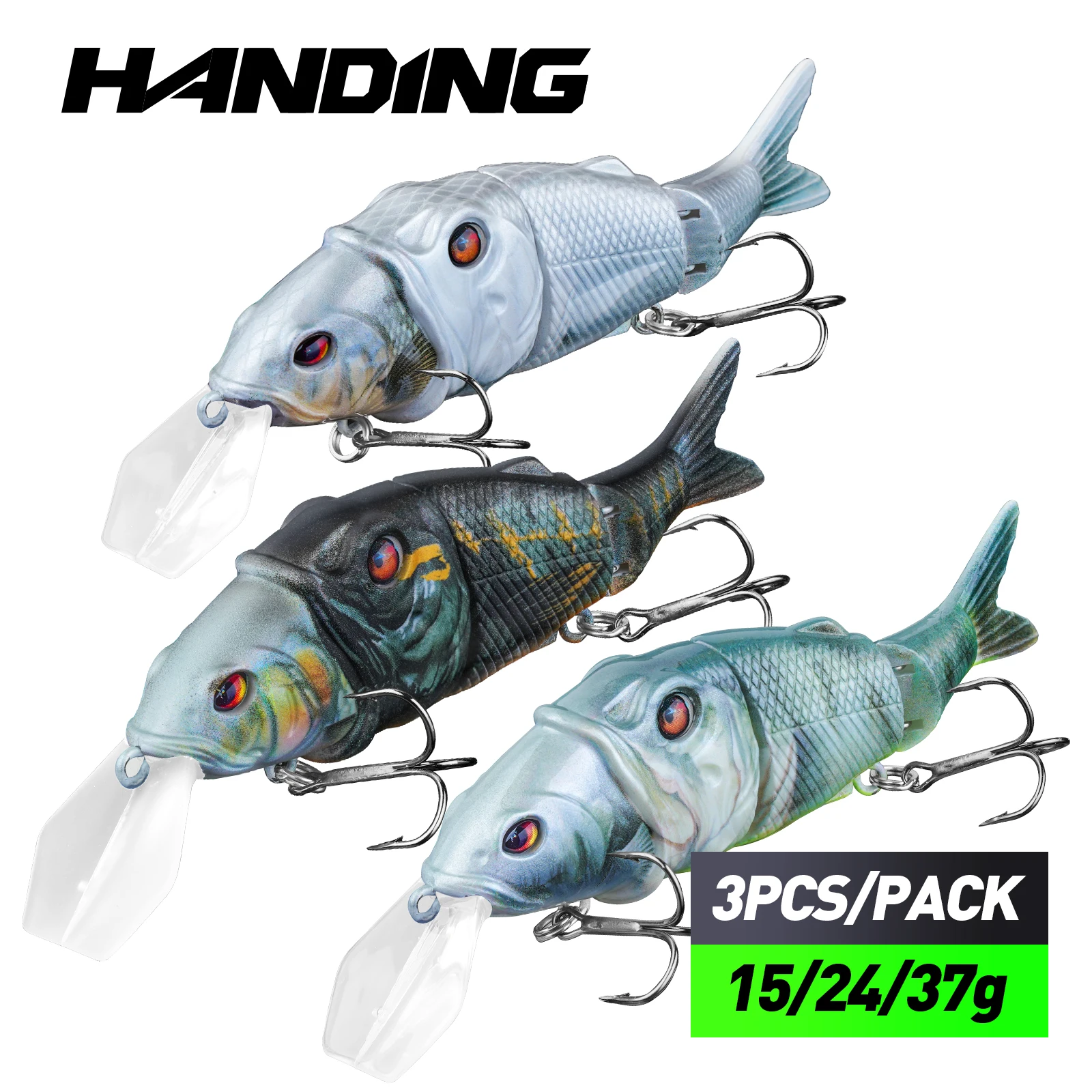 HANDING 3Pcs M1 Jointed Swimbait 3-Segments Body Fishing Lure Tackle MUSTAD Treble Hooks 15g/24g/37g Wide Lip Fishing Lure