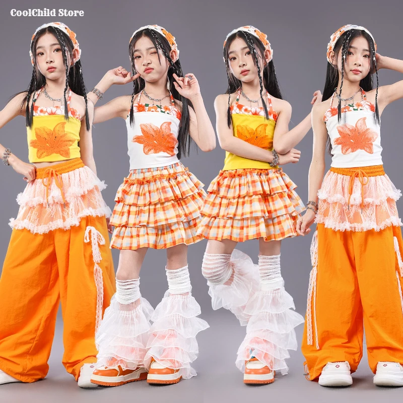 Girls K-pop Crop Tank Top Orange Lace Pants Street Dance Skirt Child Streetwear Girl Group Costume Kids Hip Hop Jazz Clothes Set