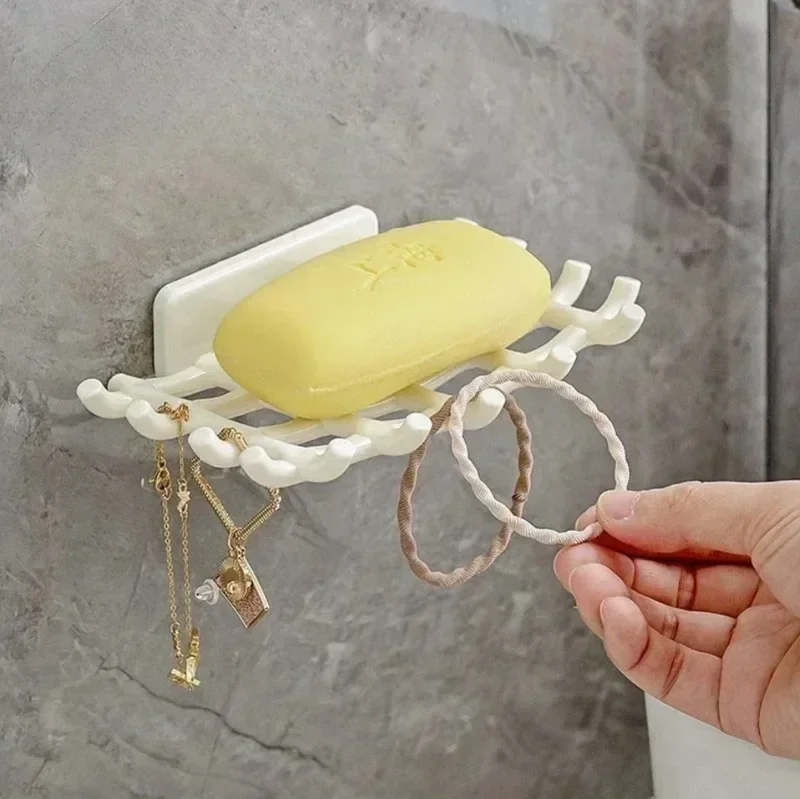 1Pc Wall Mounted Soap Bar Holder For Shower Self Adhesive Drain Soap Dish With Hooks Bathroom Kitchen Storage Rack Keep Soap Dry