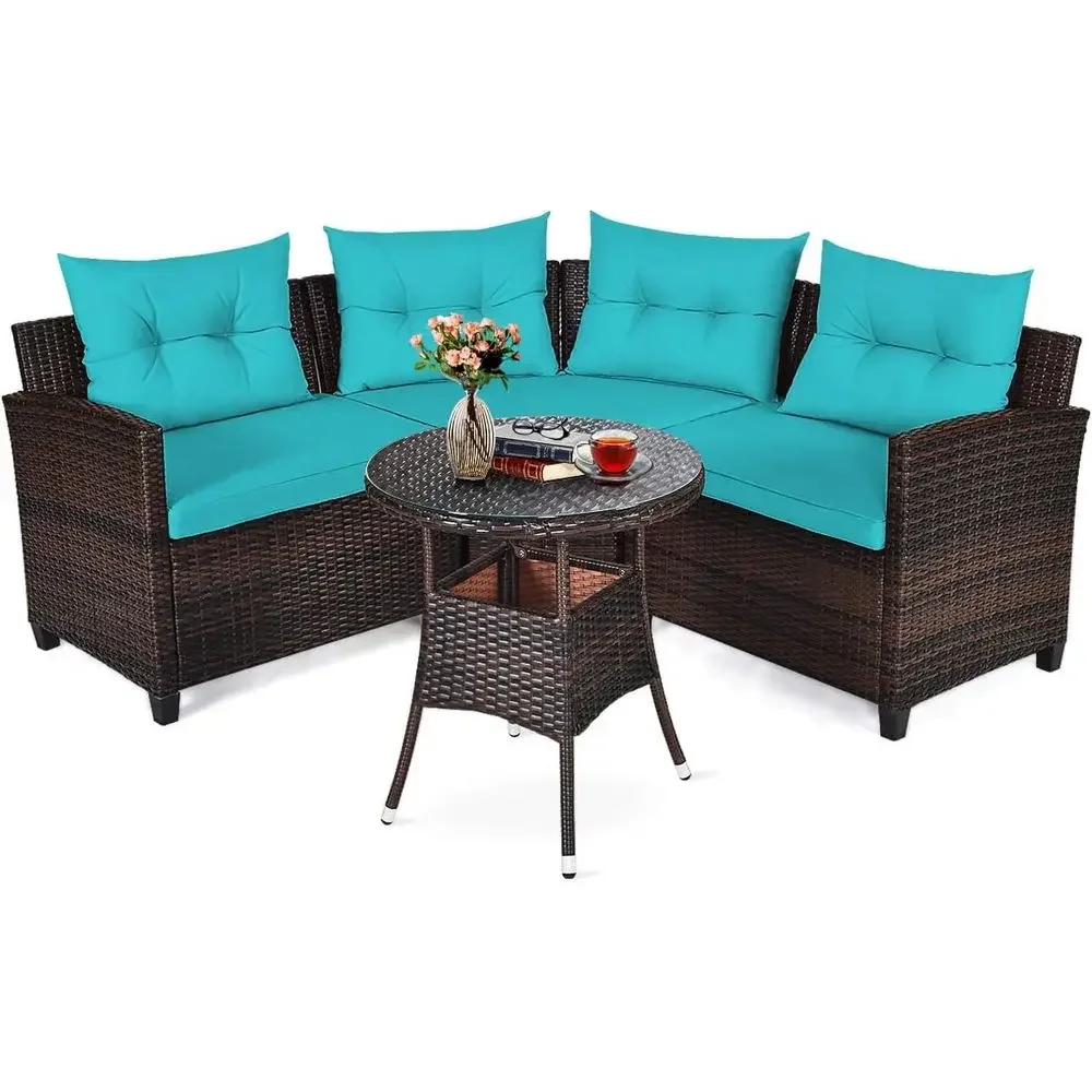 

4-Piece C Shape Patio urniture Set, Outdoor Wicker Rattan Sectional Cushioned Soa Set, with Glass Coee Table, or Garden Poolside