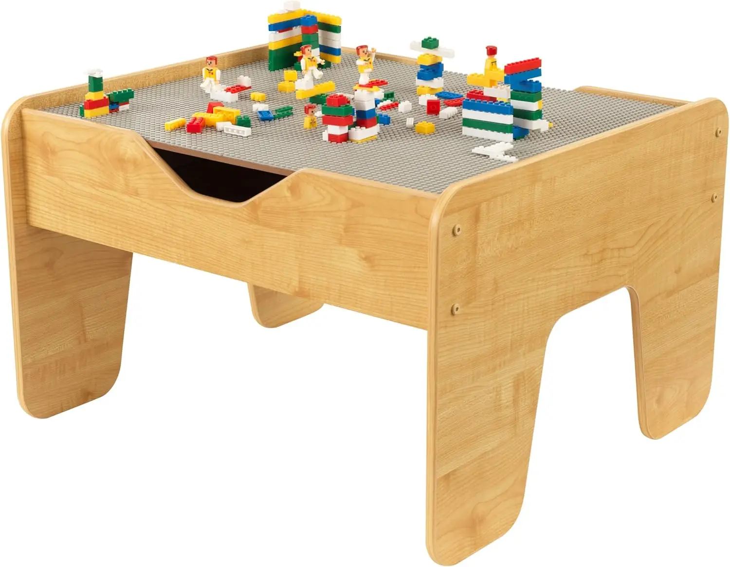 Reversible Wooden Activity Table with 195 Building Bricks, Gray & Natural, Gift for Ages 3+