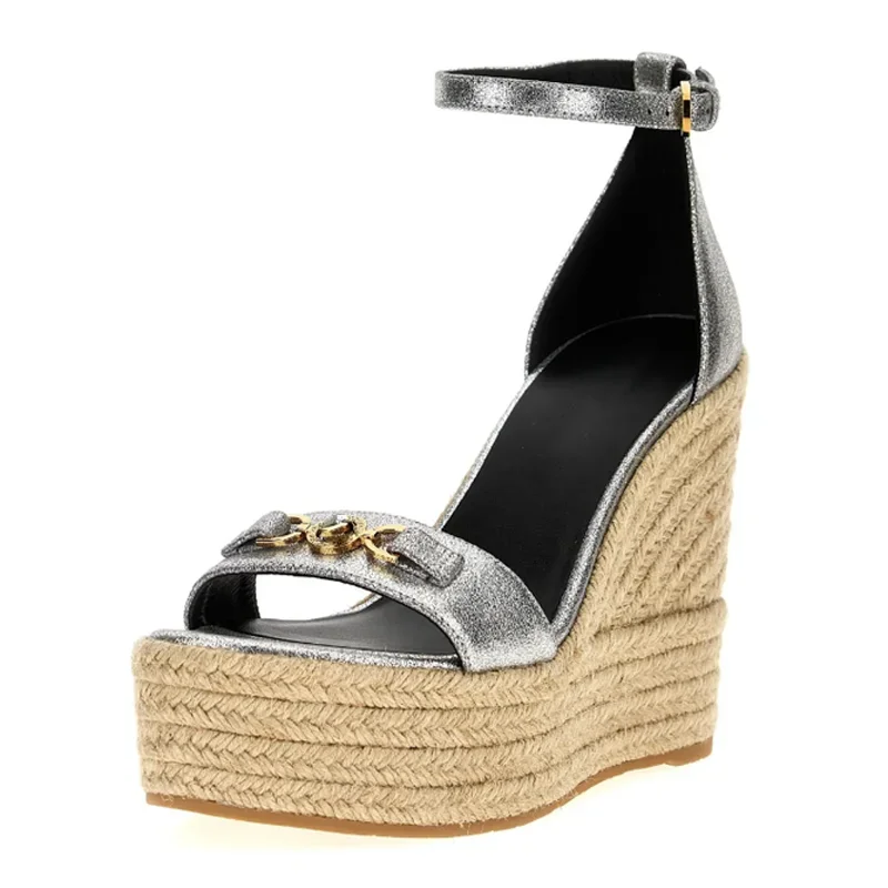 

Straw Plaited Thick Platform Shoes Women's Single Band High Wedge Heels Retro Metal Ornaments Ankle Strap Sandal