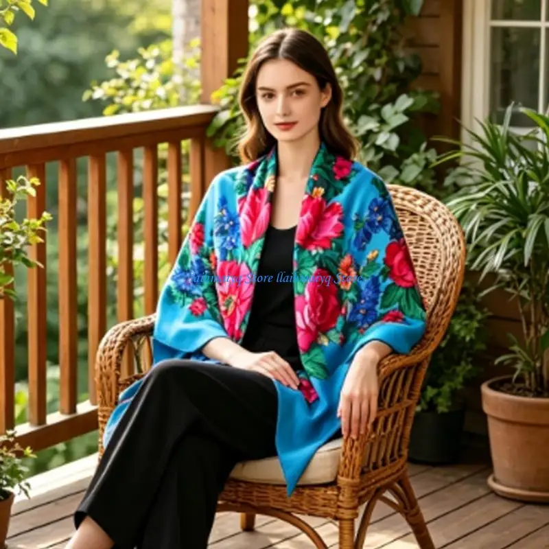 573B Flower Pattern Square Scarf With Tassels Trim Breathable Multifunctional Neck Wrap Shawl For Spring Autumn Outfits