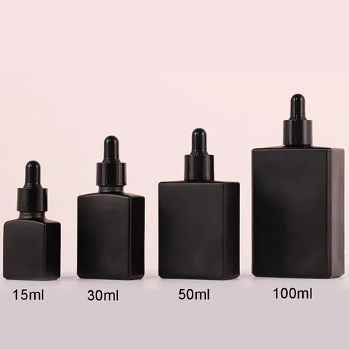 Imagen 2 del producto 5 botellas de 15ml, 30ml, 50ml, 100m, plano, esmerilado, mate, transparente, vidrio negro, aceites esenciales, botella de suero, gotero de vidrio, pipeta