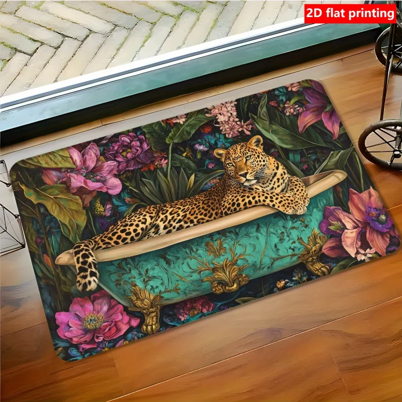 VIKAMA Antique Floral Leopard Bath Doormat Non Slip Washable Low Pile Bathroom Floor Rug Shower Entryway Home Decor