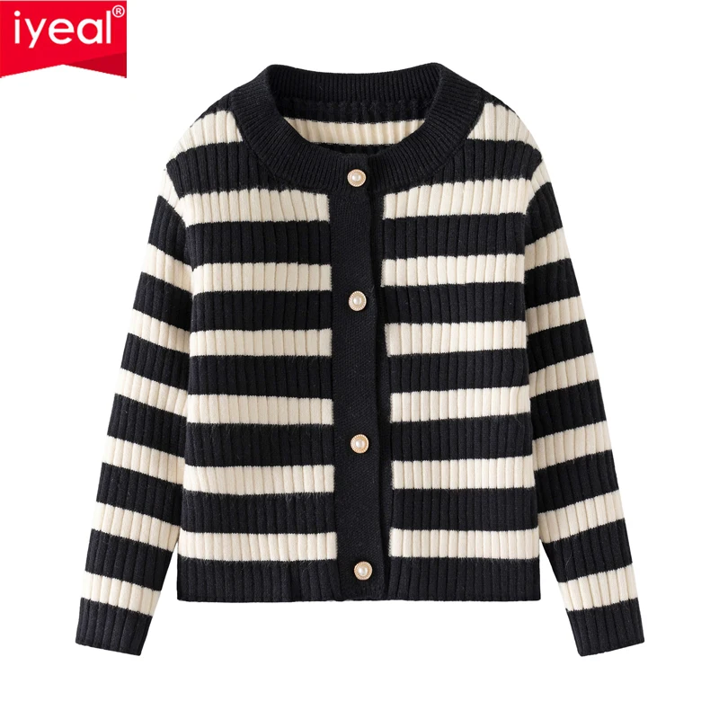 IYEAL  2024 Autumn New Outerwear Korean Edition Baby Girl Classic Black and White Versatile Knitted Long Sleeve Sweater Coat