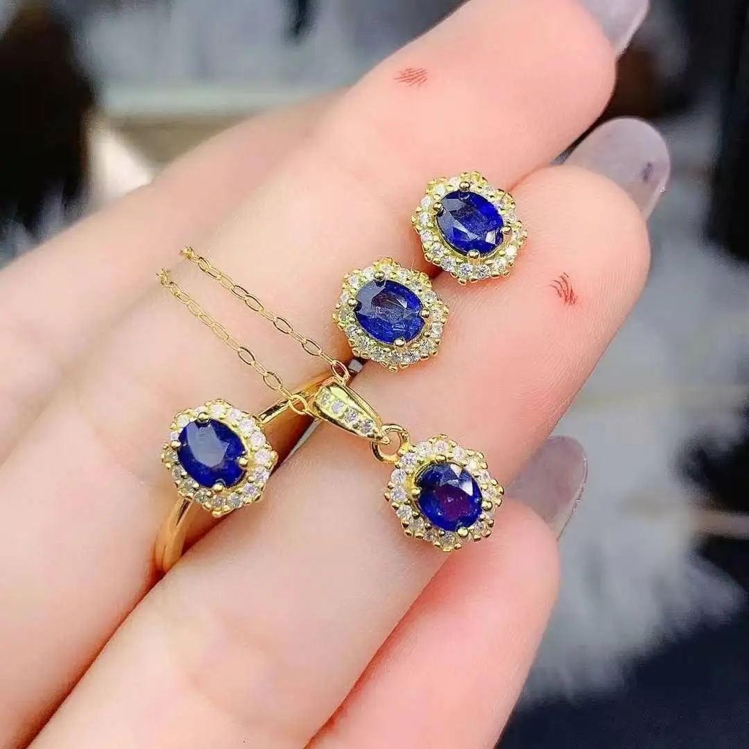 Classic Sapphire Set Natural Real Sapphire 925 Sterling Silver Women Wedding Jewelry set 1pc ring,1pc pendant,2pcs earrings