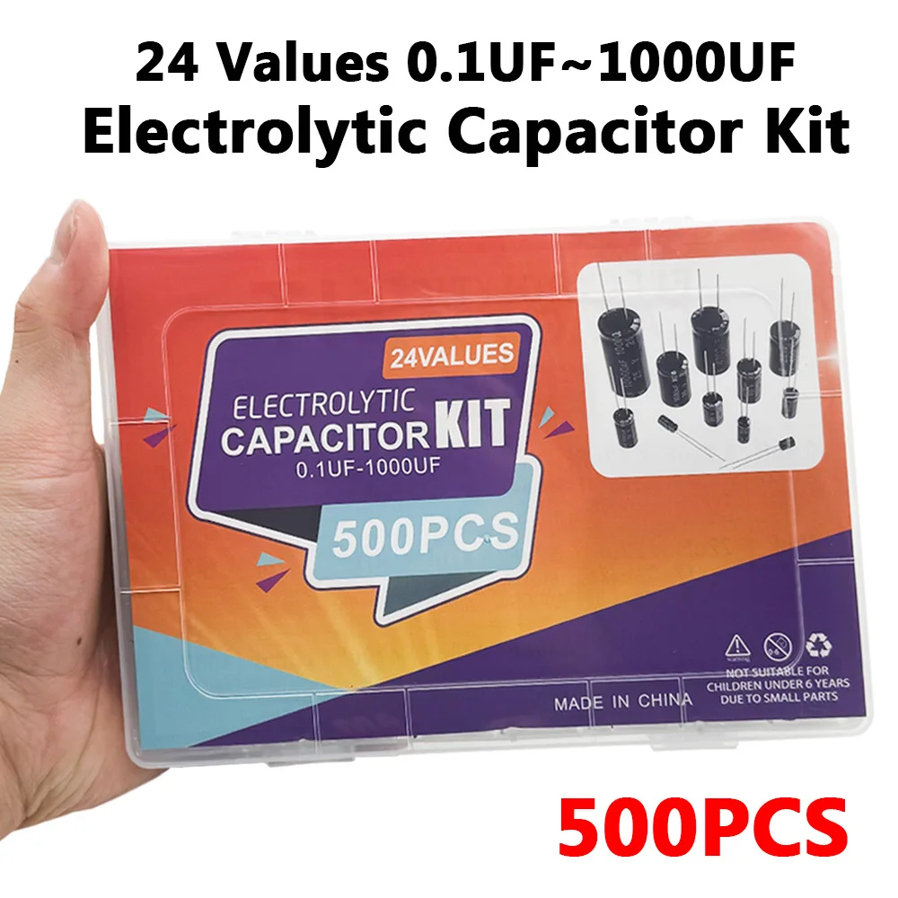 Kit de 500 Condensadores Electrolíticos DIP Surtidos 10V 16V 25V 50V 0.1uF-1000uF 24 Valores, Componentes Electrónicos para Proyectos DIY