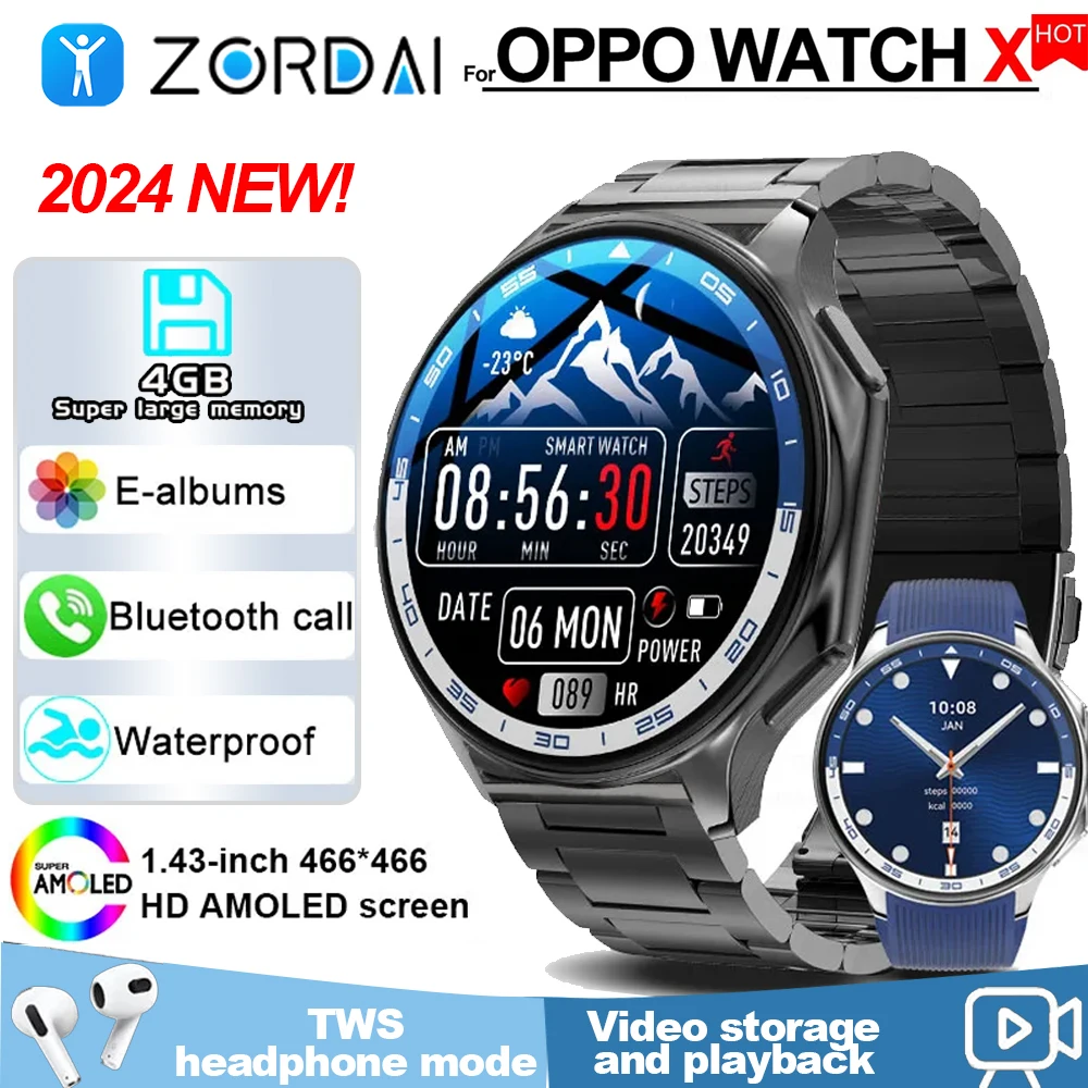 Zordai For OPPO Watch X Smart Watch 4G Memory Music Video Bluetooth Call Waterproof Smartwatches For Android IOS TWS Earphones