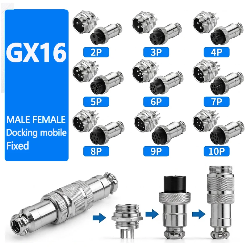 

GX16 Circular Aviation Plug 2/3/4/5/6/7/8/9 pin Male Female Docking Waterproof Connector Fixed Type Metal Cable Terminal Socket