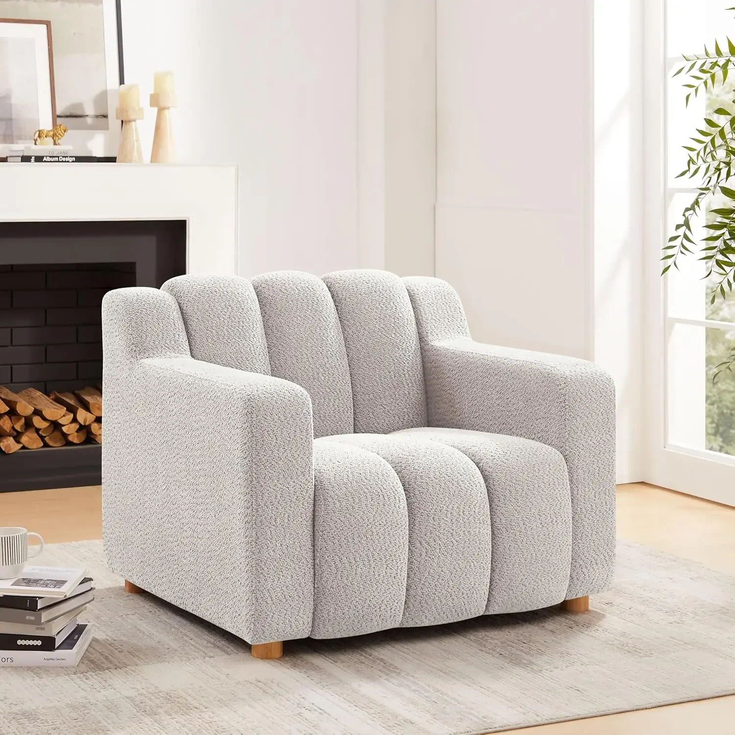 

Beige Oversized Boucle Armchair Comfy Upholstered Chair For Living Room Bedroom Office Waiting Room