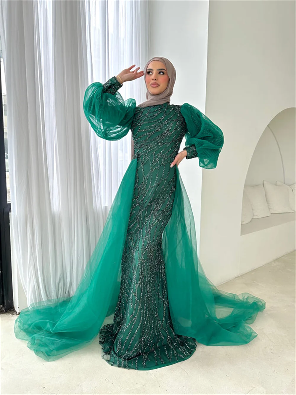 Sansa Luxury Puffy Sleeve فساتين سهره فاخره 2023 Gliiter Sequins Mermaid فساتين السهرة Luxury Handmade Prom Dresses With Tail