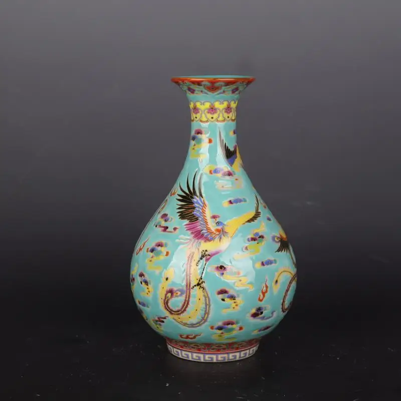 8.9" China Colour Enamels Porcelain Bamboo Animal Phoenix Yu Hu Chun Vase