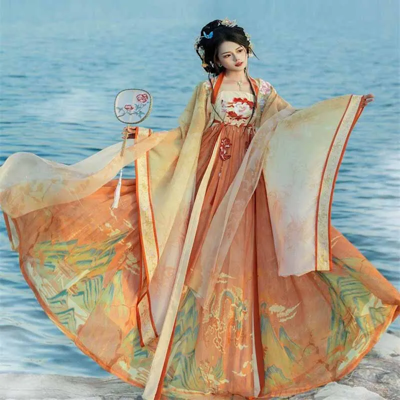 Vestido Hanfu chino para mujer, traje de fiesta de Cosplay de Hada, traje impreso de Verano de la dinastía Tang tradicional antigua