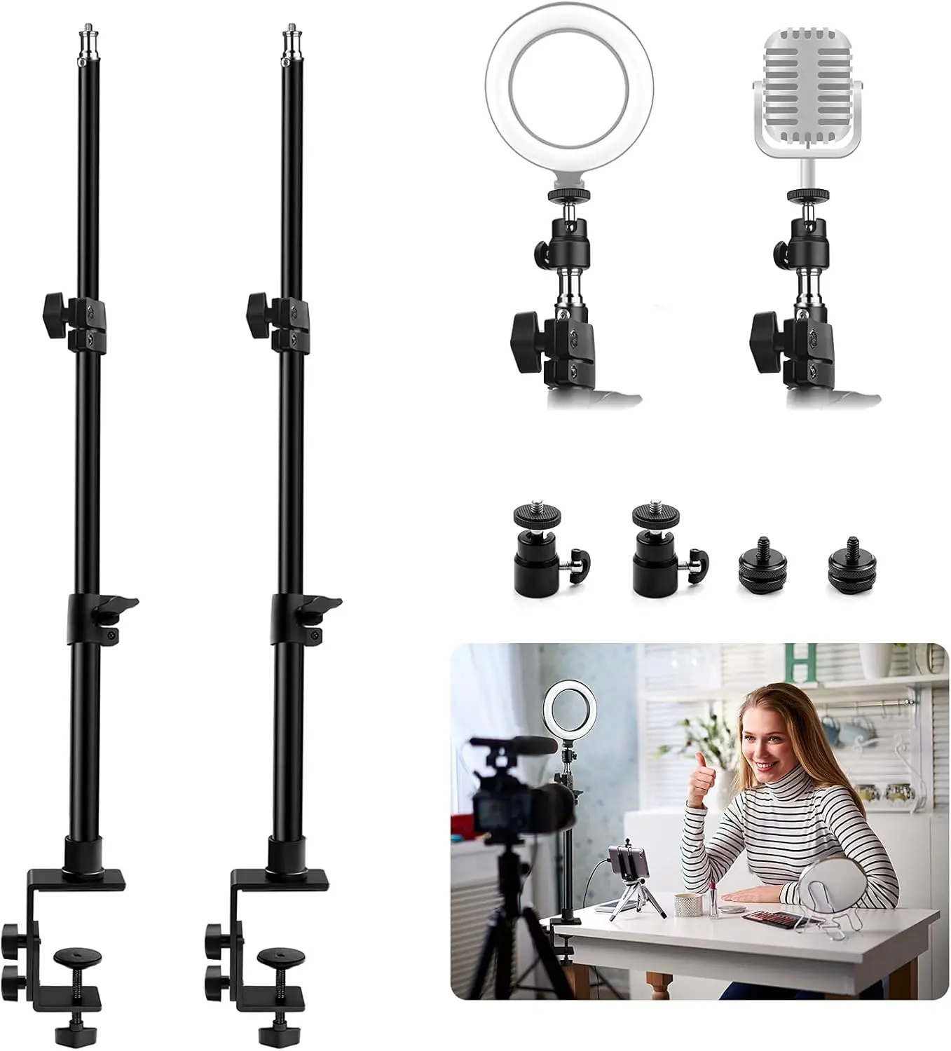 

2 Pack C Clamp Desk Mount Light Stand with 1/4" Ball Head and Hot oe Mount Adapter, 21-45 Inch Adjustable Tabletop Bra