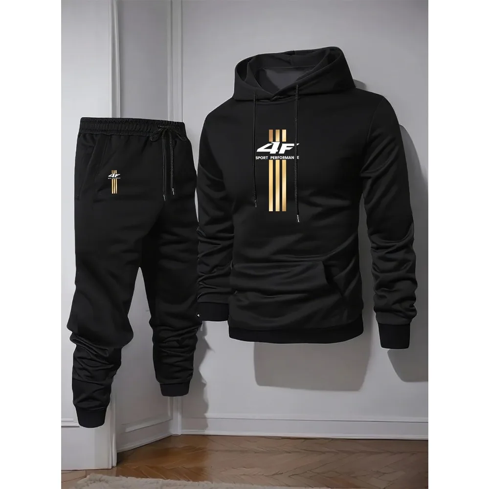 Men'S Casual Hoodie & Sweatpants Set - "4F" Graphic Print, Polyester Knit, Elastic Waistband, Geometric Pattern, Regular Fit,