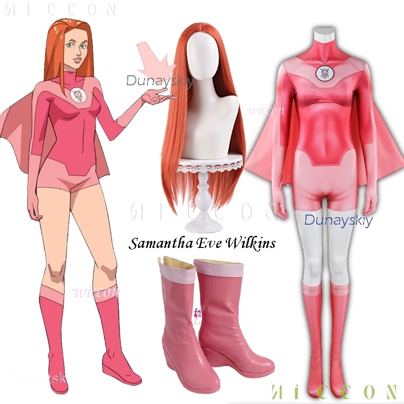 

Invincible Pink Atom Samantha Eve Cosplay Fullset Clothing Jumpsuit Pink Cloak Sock Superhero Cape Costume An