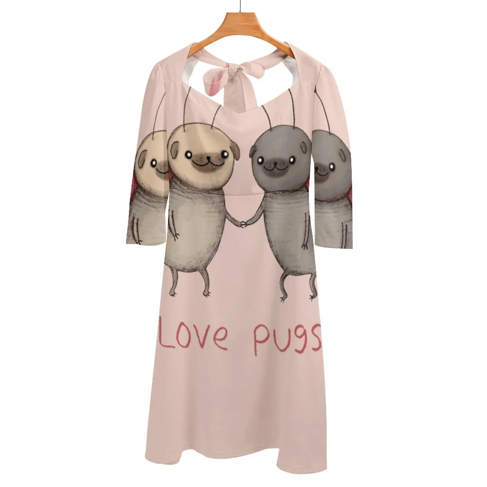 Love Pugs Back Lacing Backless Dress Women Kawaii Square Collar Dress 6Xl Love Pugs Love Bug Bugs Bug Cute Kawaii Pink