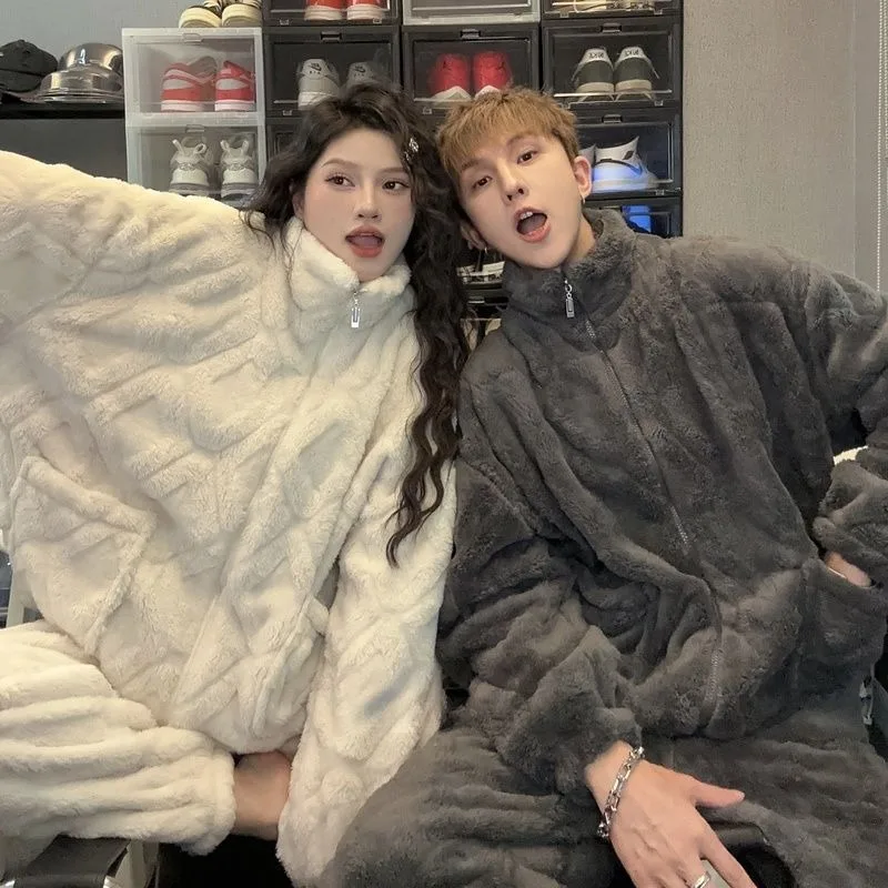 Couple Pajamas for Men Fleece Winter Sleepwear Korean Sleeping Night Wear Solid Pijama 2 Pcs Pants Sets Warm Pocket Home Suit